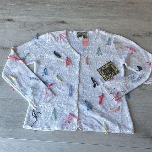 Curio cardigan sweater with ribbon tassels size Small White/Multi Color Used - Picture 2 of 5